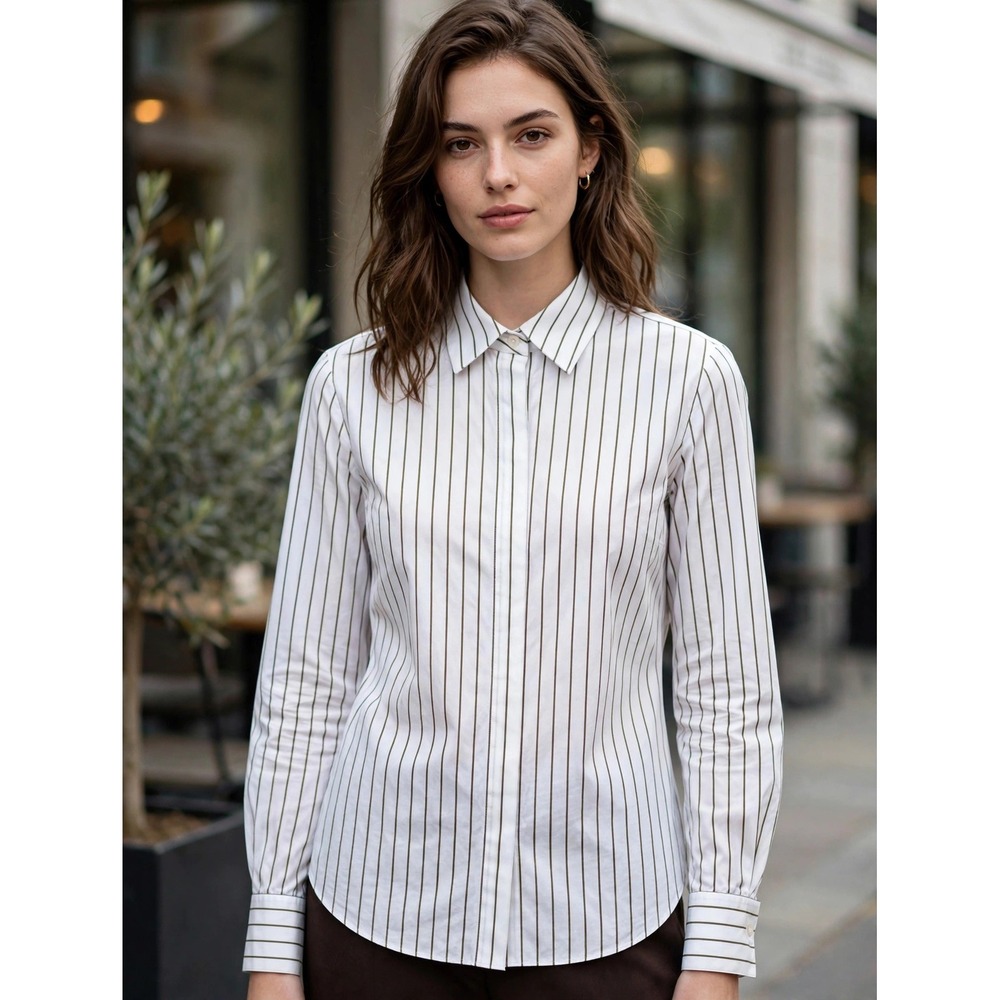 Lafayette 148 New York White Brown Striped Cotton Button Down Shirt Small BDB9V